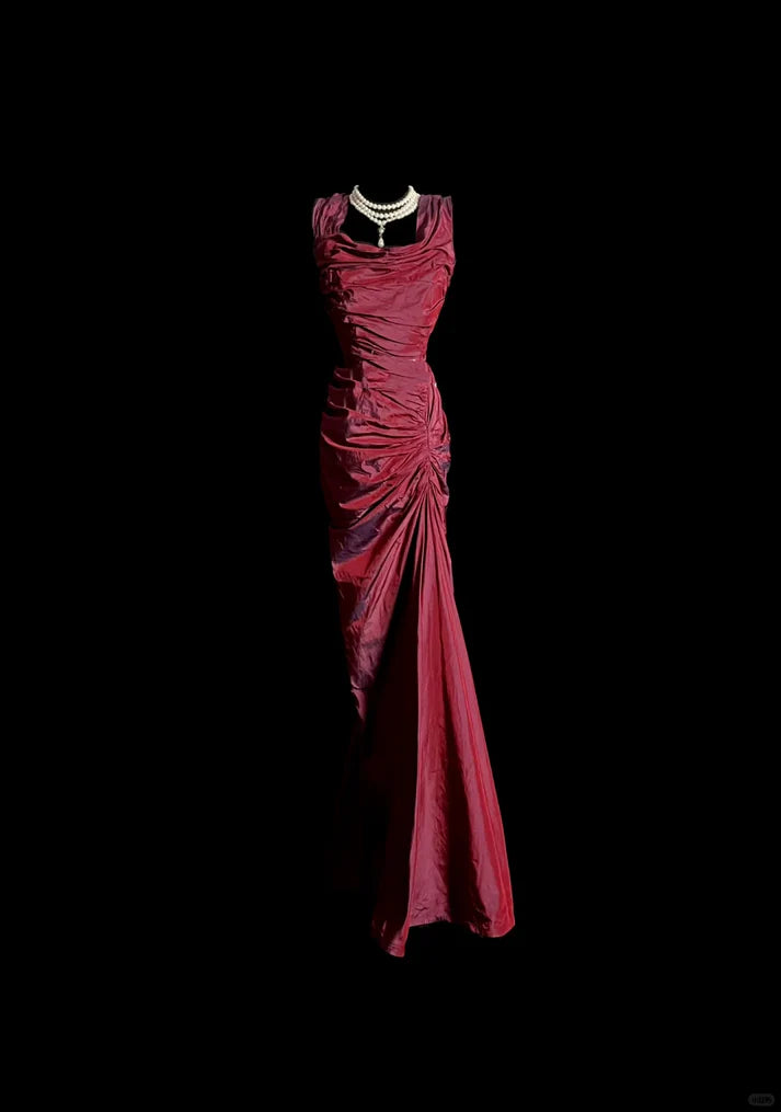Vintage Mermaid Square Neck Taffeta Burgundy Long Prom Dress Evening Dress