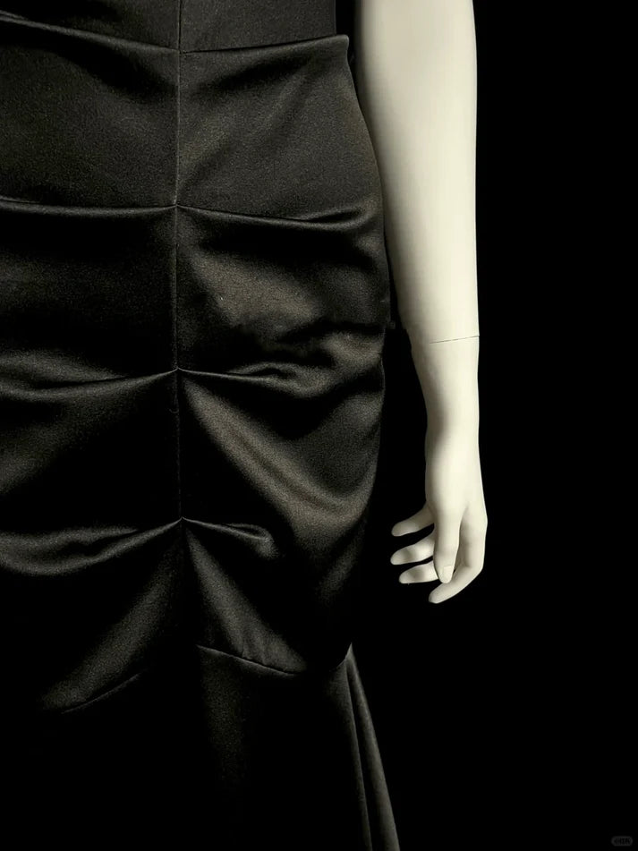 Vintage Mermaid Strapless Satin Black Long Evening Dress Prom Dress