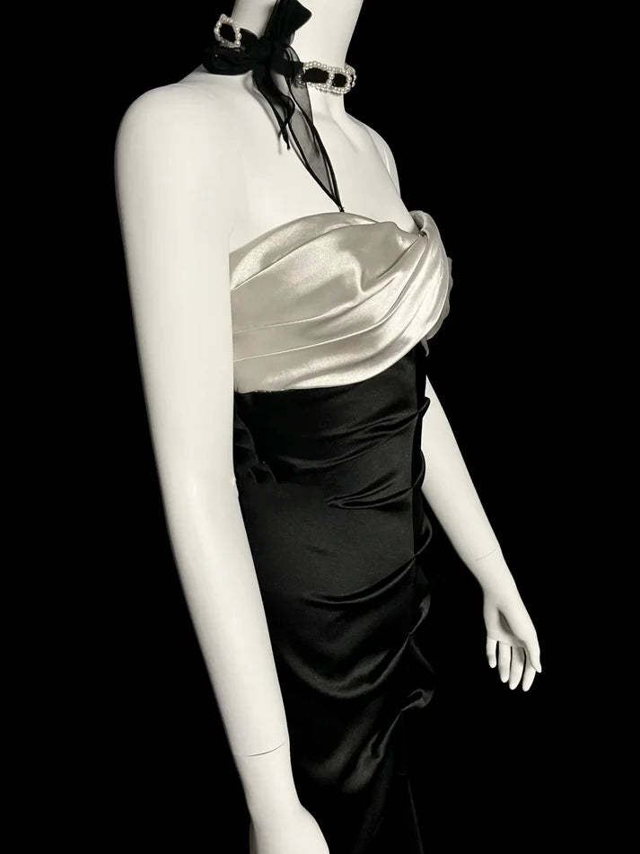 Vintage Mermaid Strapless Satin Black Long Evening Dress Prom Dress