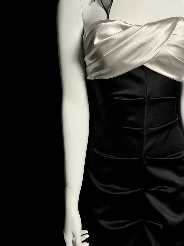 Vintage Mermaid Strapless Satin Black Long Evening Dress Prom Dress
