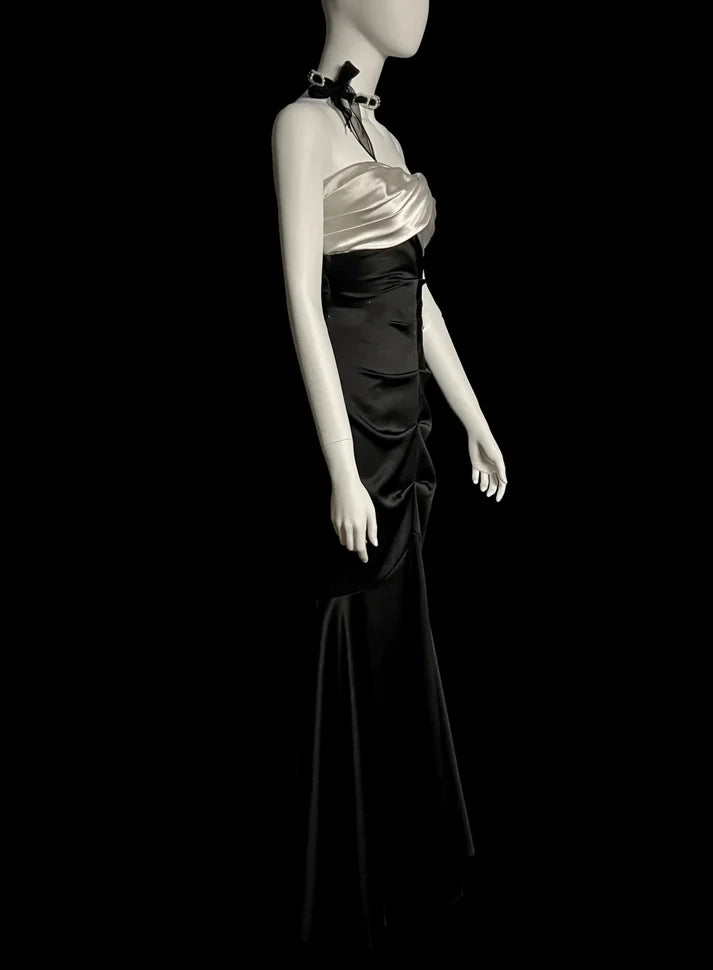 Vintage Mermaid Strapless Satin Black Long Evening Dress Prom Dress