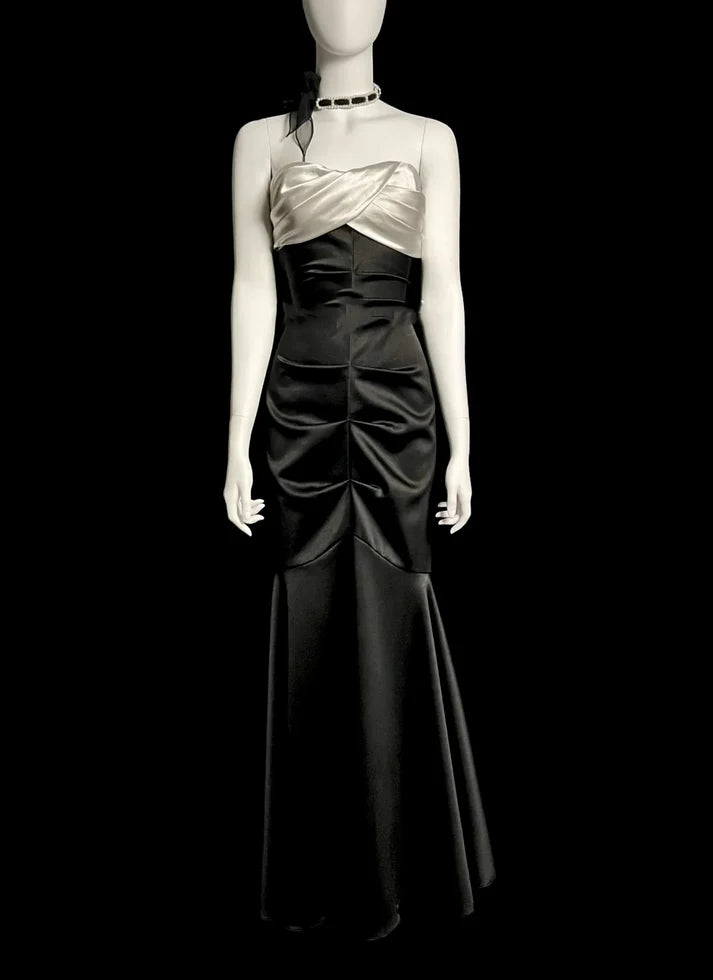 Vintage Mermaid Strapless Satin Black Long Evening Dress Prom Dress