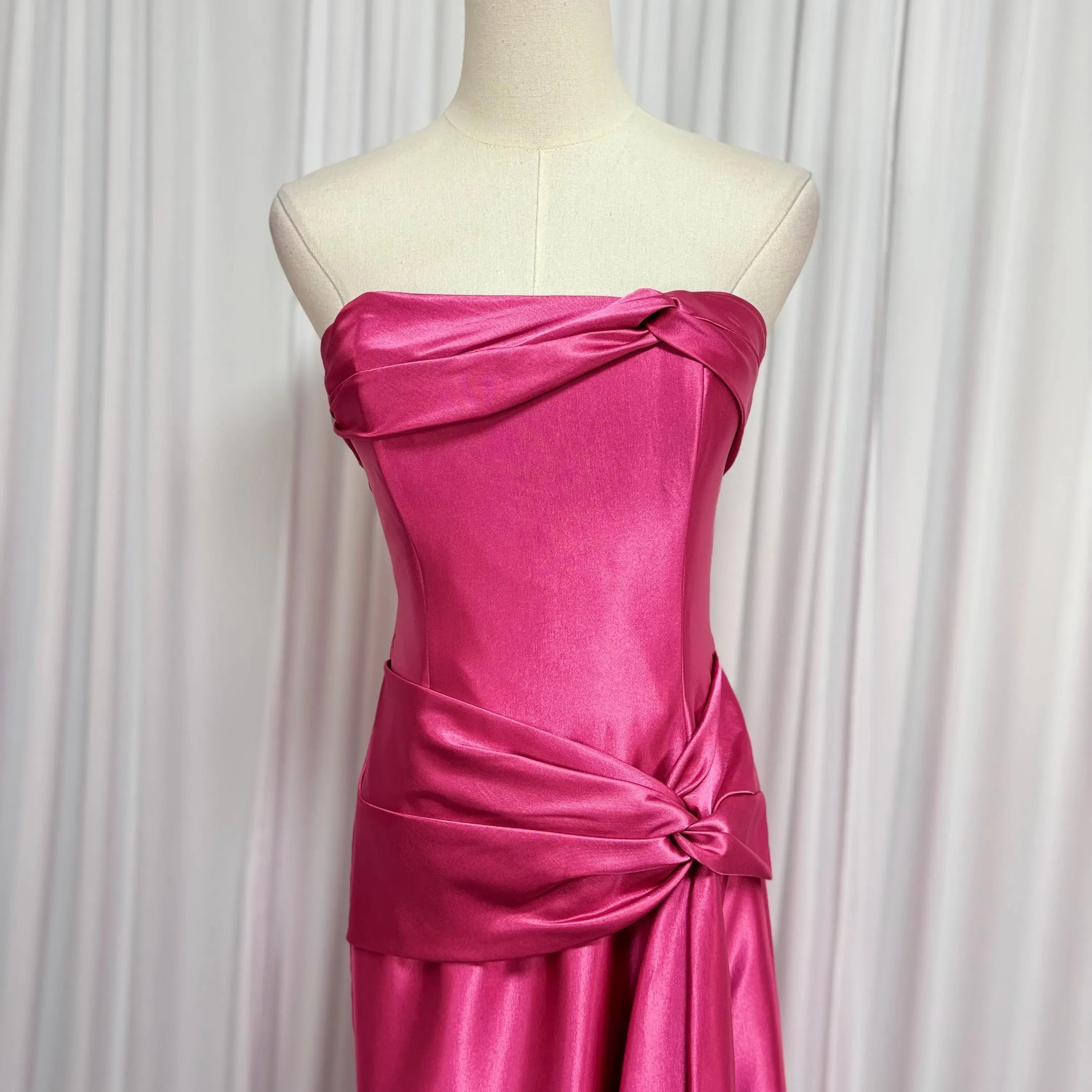 Vintage Mermaid Strapless Twist Satin Fuchsia Floor-Length Prom Dress Custom