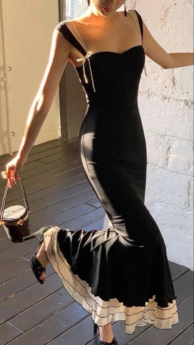 Vintage Mermaid Sweetheart-Neck Sleeveless Ruffled-Trim Black Midi Prom Dress for Women ready to ship