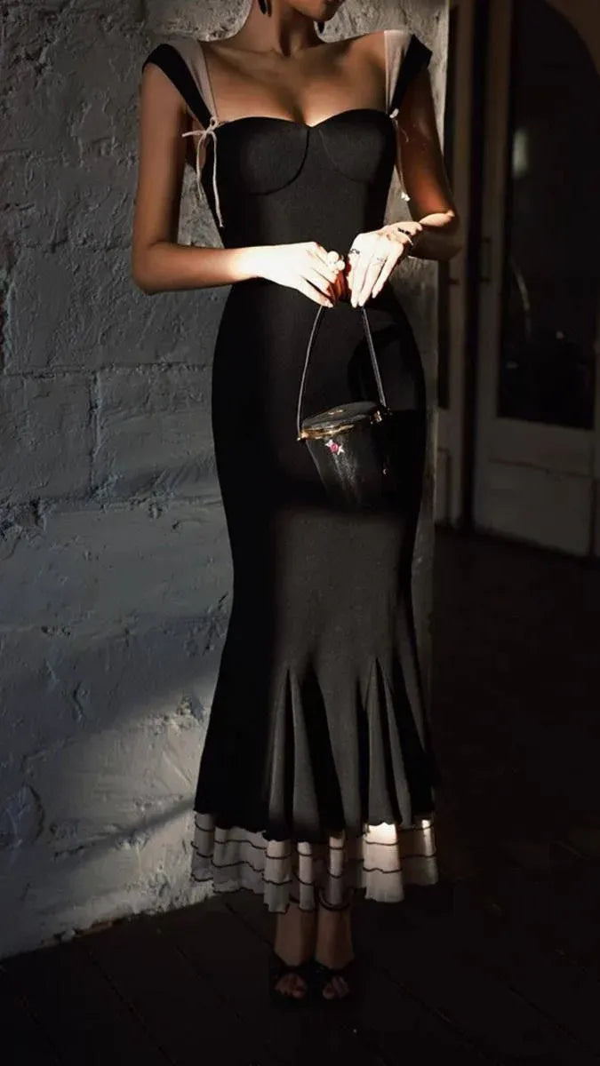 Vintage Mermaid Sweetheart-Neck Sleeveless Ruffled-Trim Black Midi Prom Dress for Women ready to ship