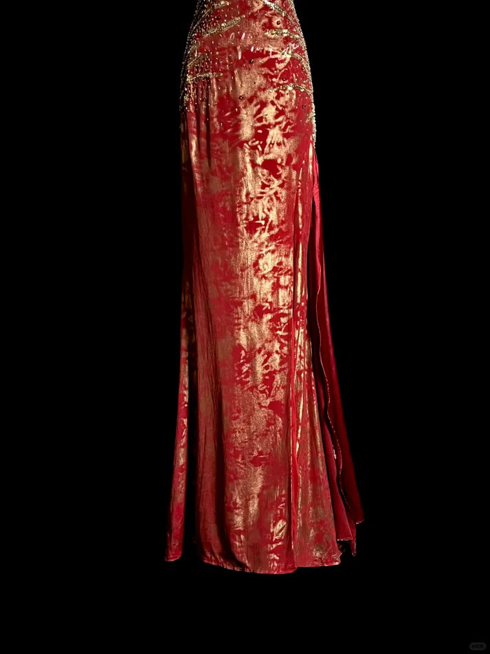 Vintage Mermaid Sweetheart Beaded Burgundy Long Evening Dress Party Dress