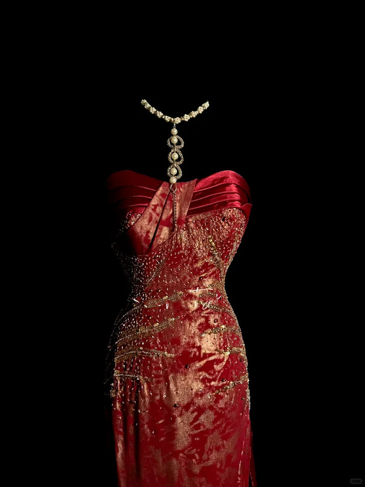 Vintage Mermaid Sweetheart Beaded Burgundy Long Evening Dress Party Dress