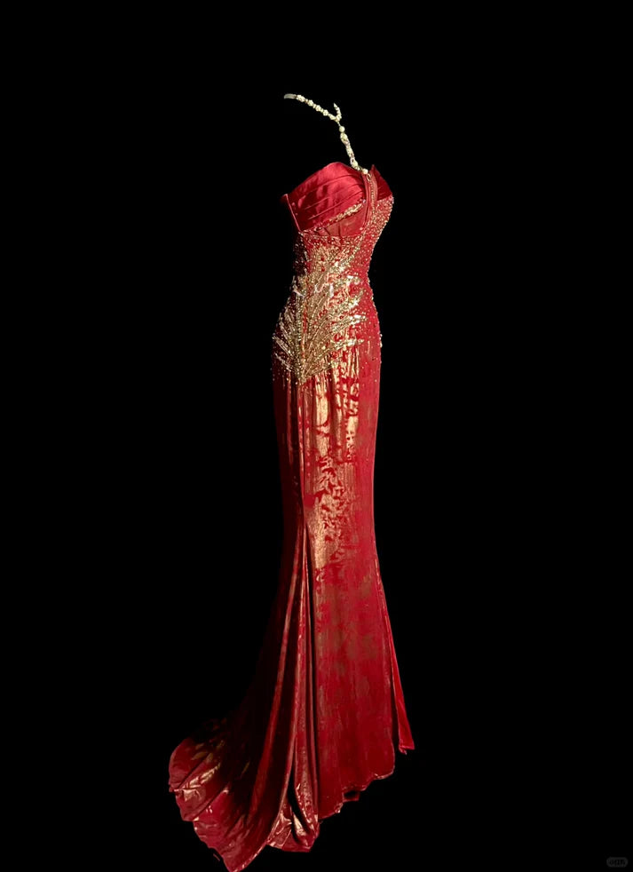 Vintage Mermaid Sweetheart Beaded Burgundy Long Evening Dress Party Dress
