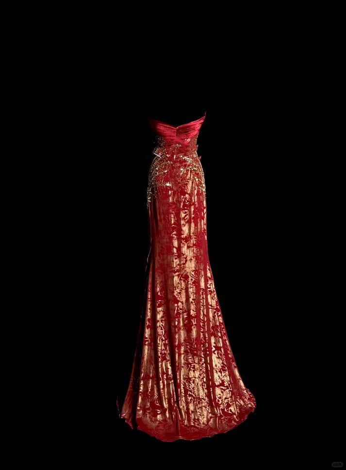 Vintage Mermaid Sweetheart Beaded Burgundy Long Evening Dress Party Dress