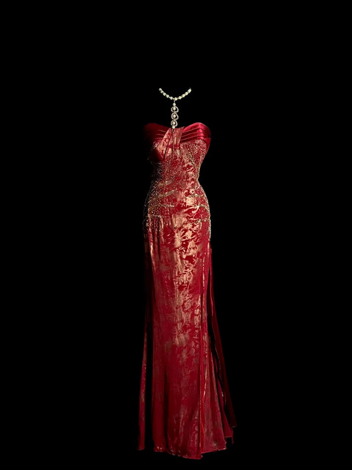 Vintage Mermaid Sweetheart Beaded Burgundy Long Evening Dress Party Dress