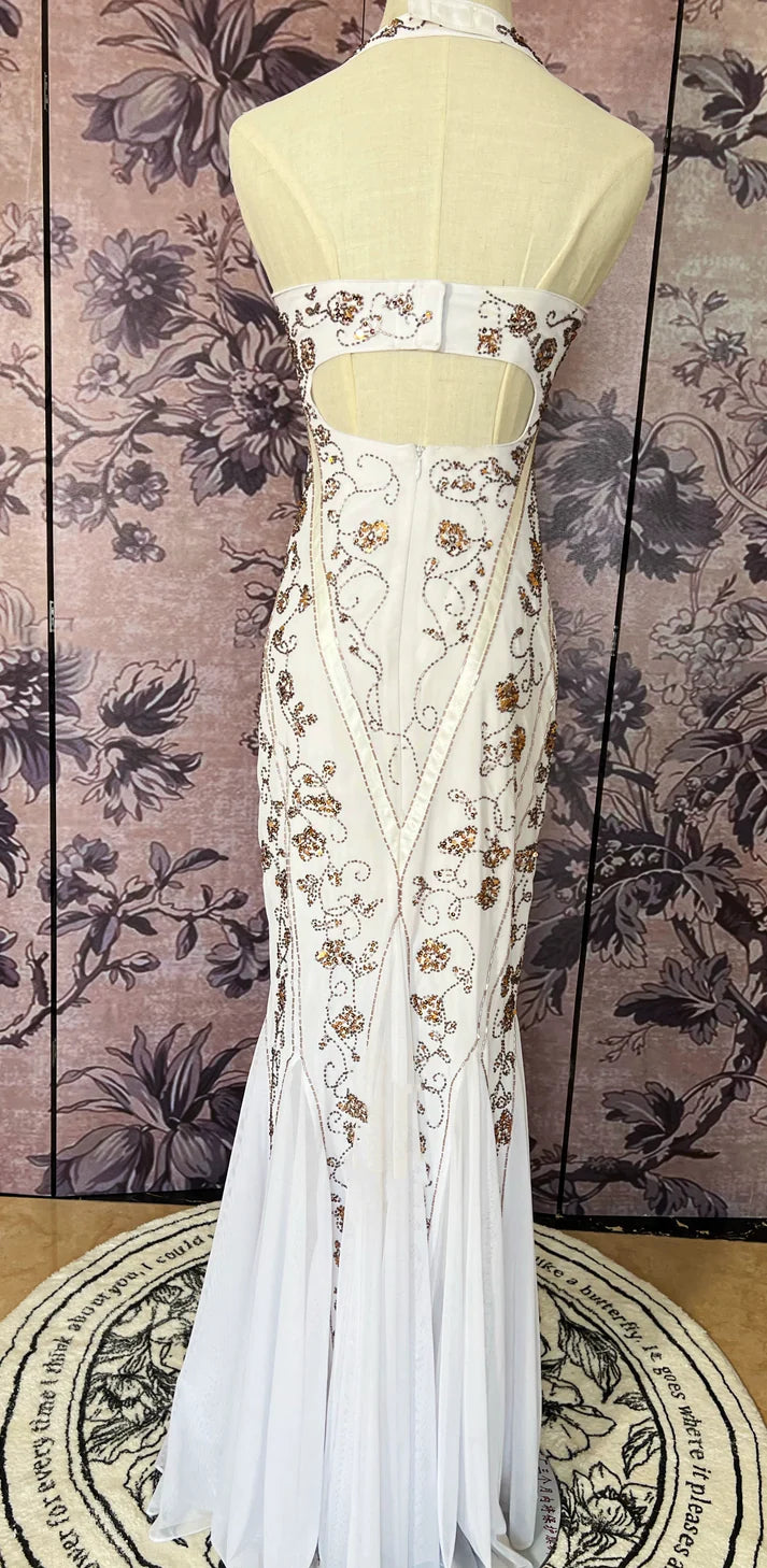 Vintage Mermaid Sweetheart Beaded White Long Prom Dress Evening Dress