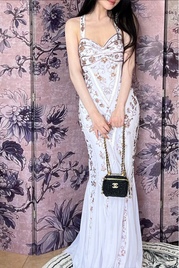 Vintage Mermaid Sweetheart Beaded White Long Prom Dress Evening Dress