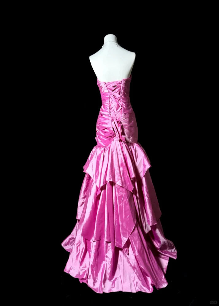 Vintage Mermaid Sweetheart Neck Satin Fuchsia Long Evening Dress Prom Dress
