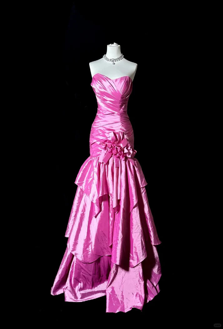 Vintage Mermaid Sweetheart Neck Satin Fuchsia Long Evening Dress Prom Dress