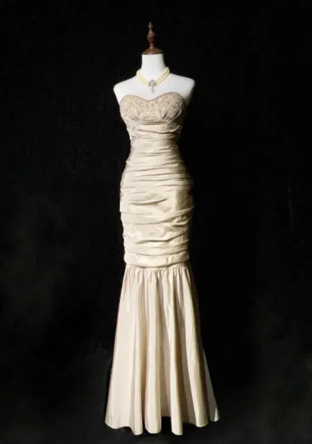Vintage Mermaid Sweetheart Neck Strapless Ruched Champagne Maxi Prom Dress for Women Custom