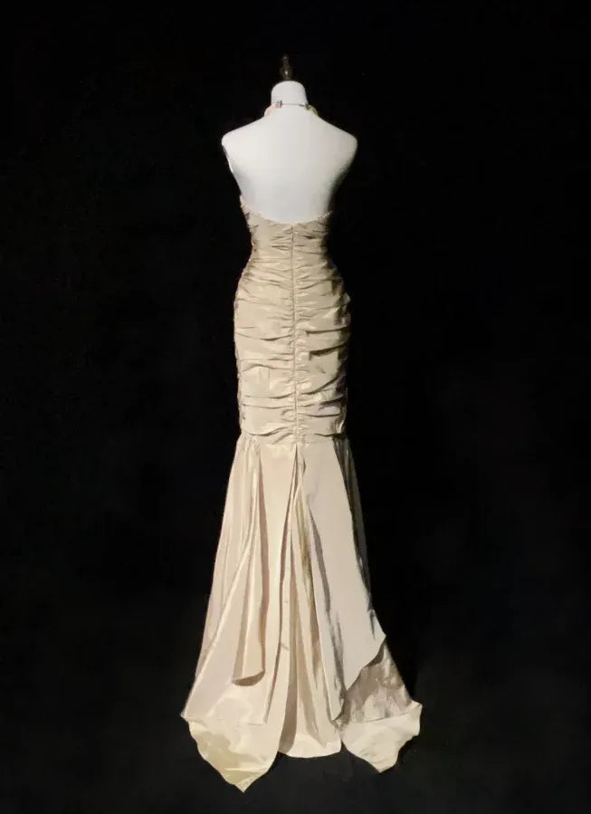 Vintage Mermaid Sweetheart Neck Strapless Ruched Champagne Maxi Prom Dress for Women Custom