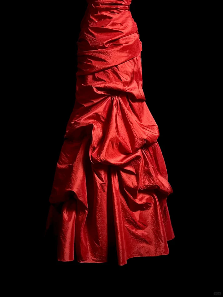 Vintage Mermaid Sweetheart Satin Red Long Prom Dress Evening Dress