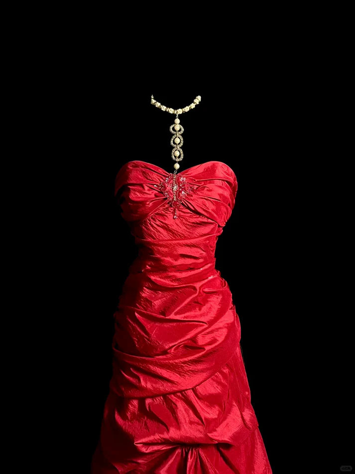 Vintage Mermaid Sweetheart Satin Red Long Prom Dress Evening Dress