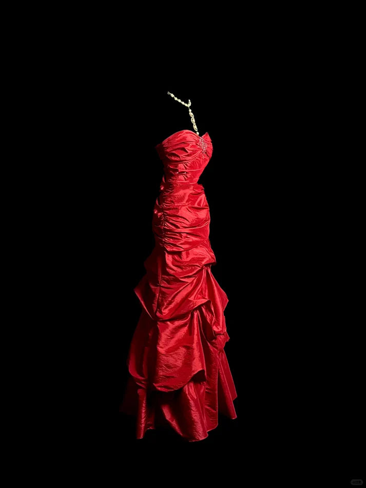 Vintage Mermaid Sweetheart Satin Red Long Prom Dress Evening Dress