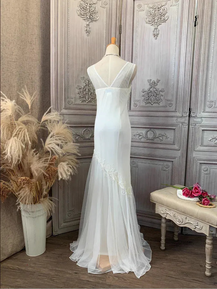 Vintage Mermaid Sweetheart Sleeveless Lace-Trim White Long Prom Dress for Women Ready to Ship
