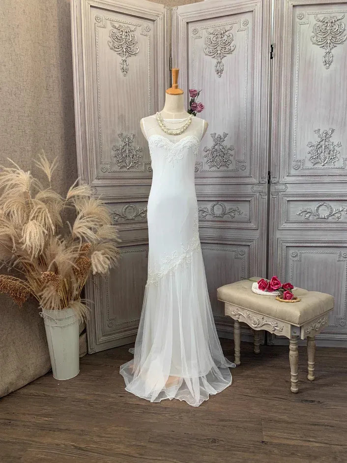 Vintage Mermaid Sweetheart Sleeveless Lace-Trim White Long Prom Dress for Women Ready to Ship