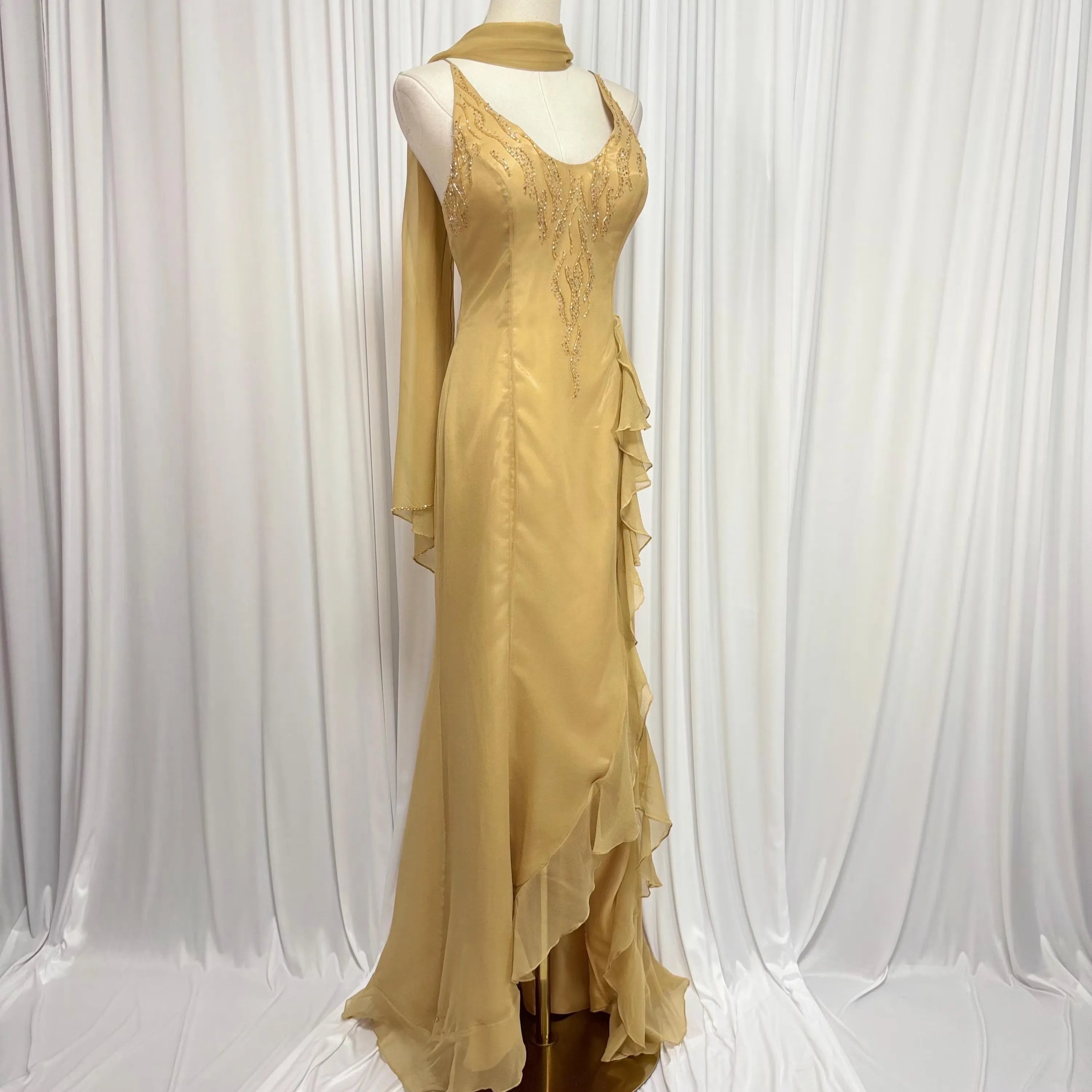 Vintage Mermaid U-Neck Beaded Ruffle Gold Floor-Length Prom Dress With Scarf