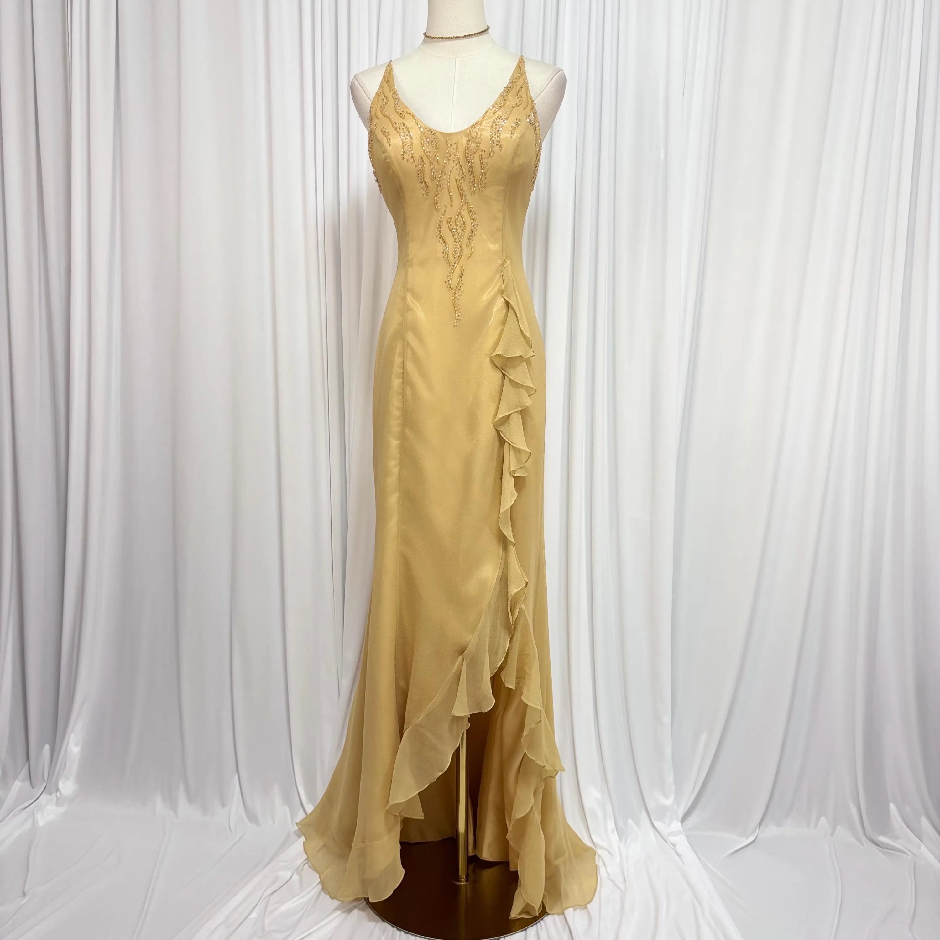 Vintage Mermaid U-Neck Beaded Ruffle Gold Floor-Length Prom Dress With Scarf