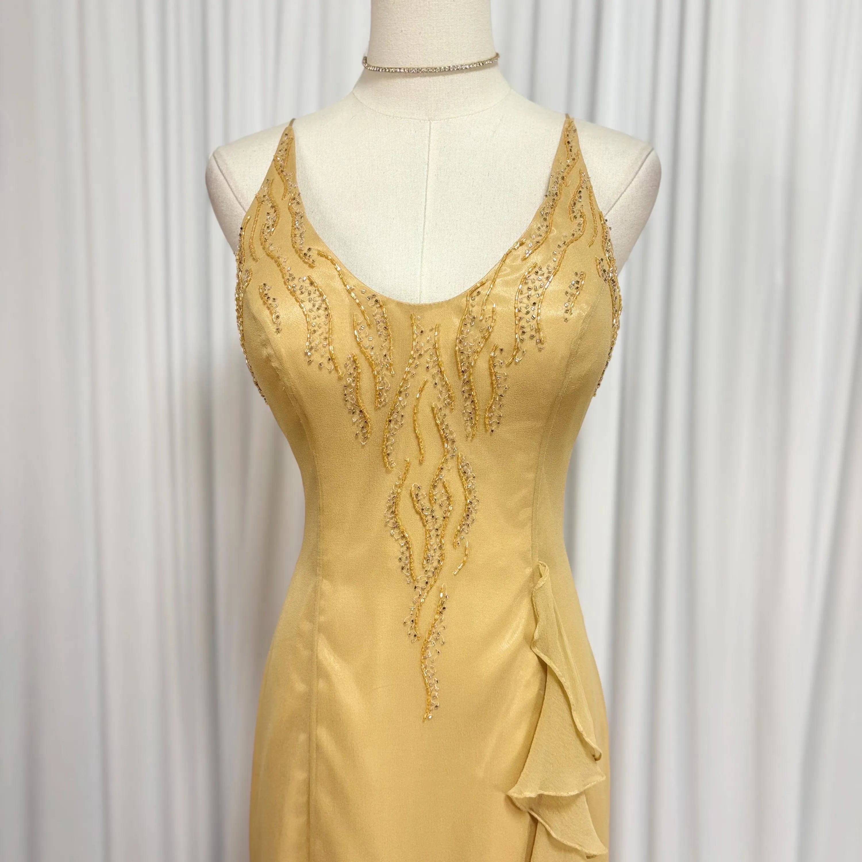Vintage Mermaid U-Neck Beaded Ruffle Gold Floor-Length Prom Dress With Scarf