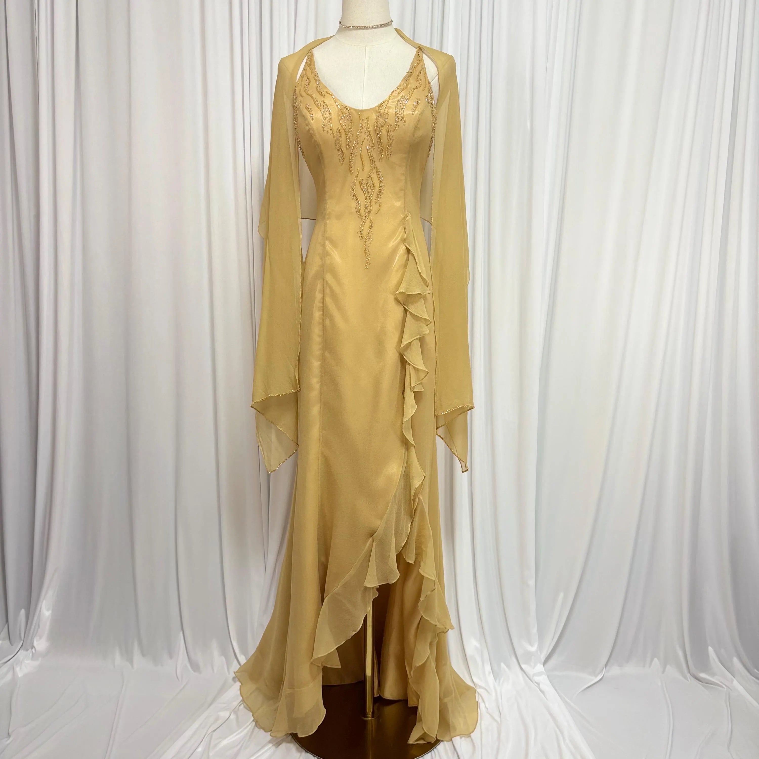 Vintage Mermaid U-Neck Beaded Ruffle Gold Floor-Length Prom Dress With Scarf