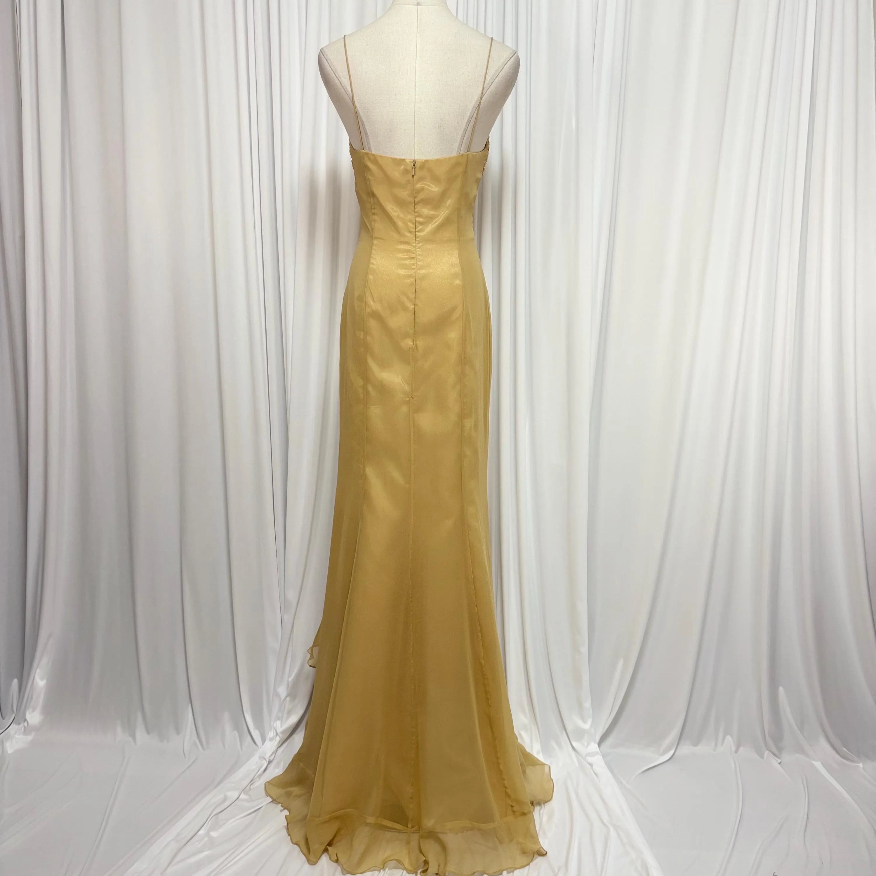 Vintage Mermaid U-Neck Beaded Ruffle Gold Floor-Length Prom Dress With Scarf