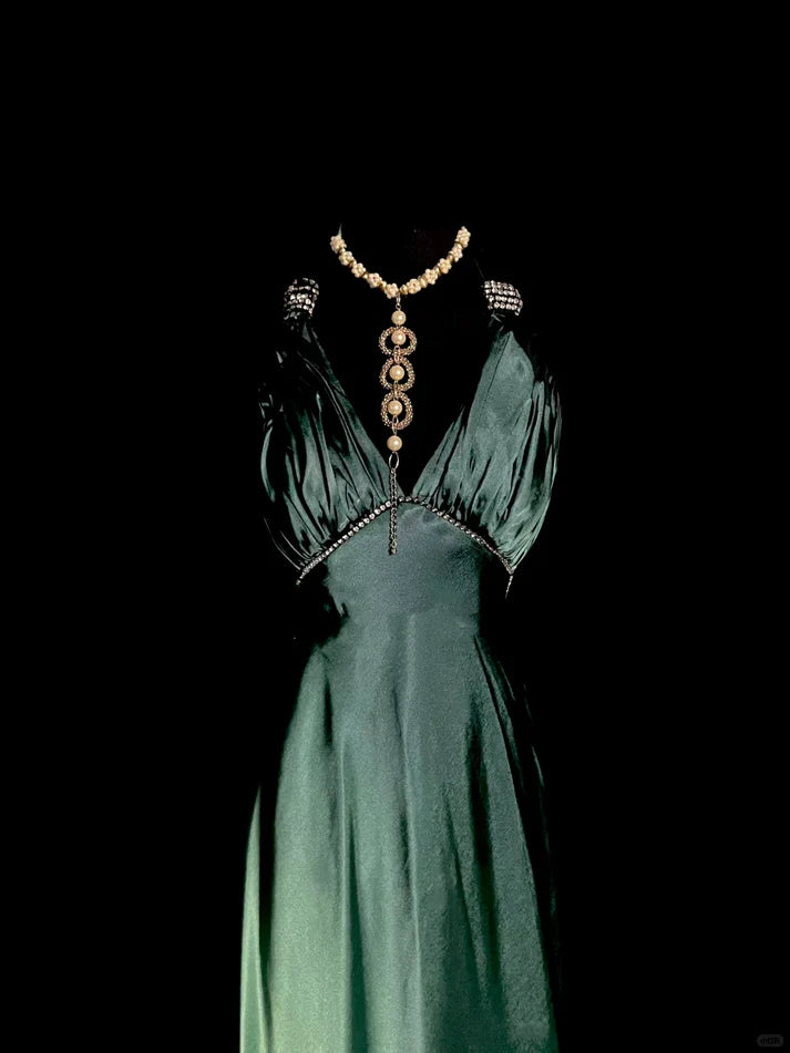 Vintage Mermaid V Neck Backless Satin Green Long Evening Dress Prom Dress