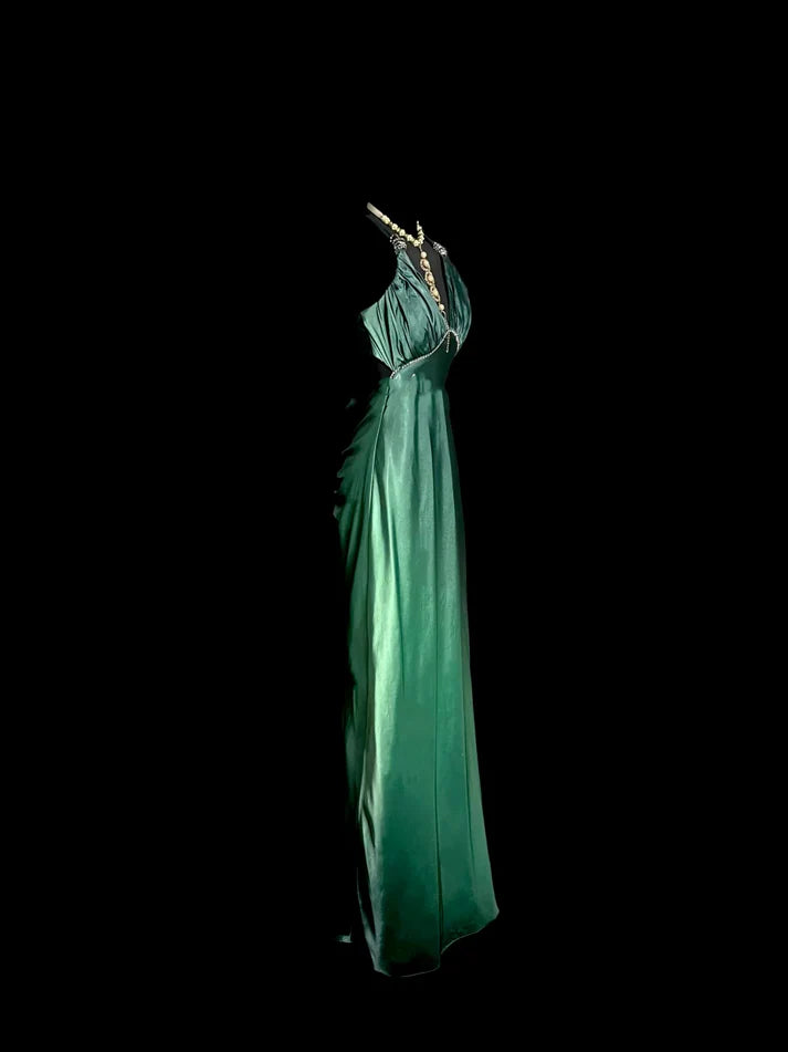 Vintage Mermaid V Neck Backless Satin Green Long Evening Dress Prom Dress