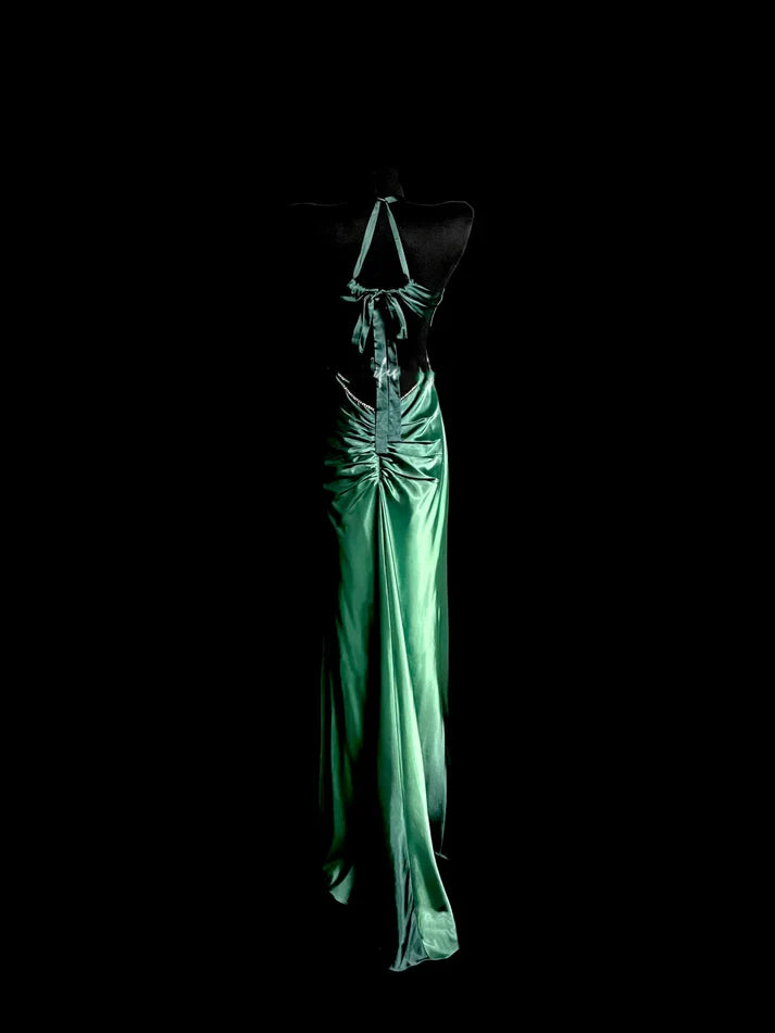 Vintage Mermaid V Neck Backless Satin Green Long Evening Dress Prom Dress