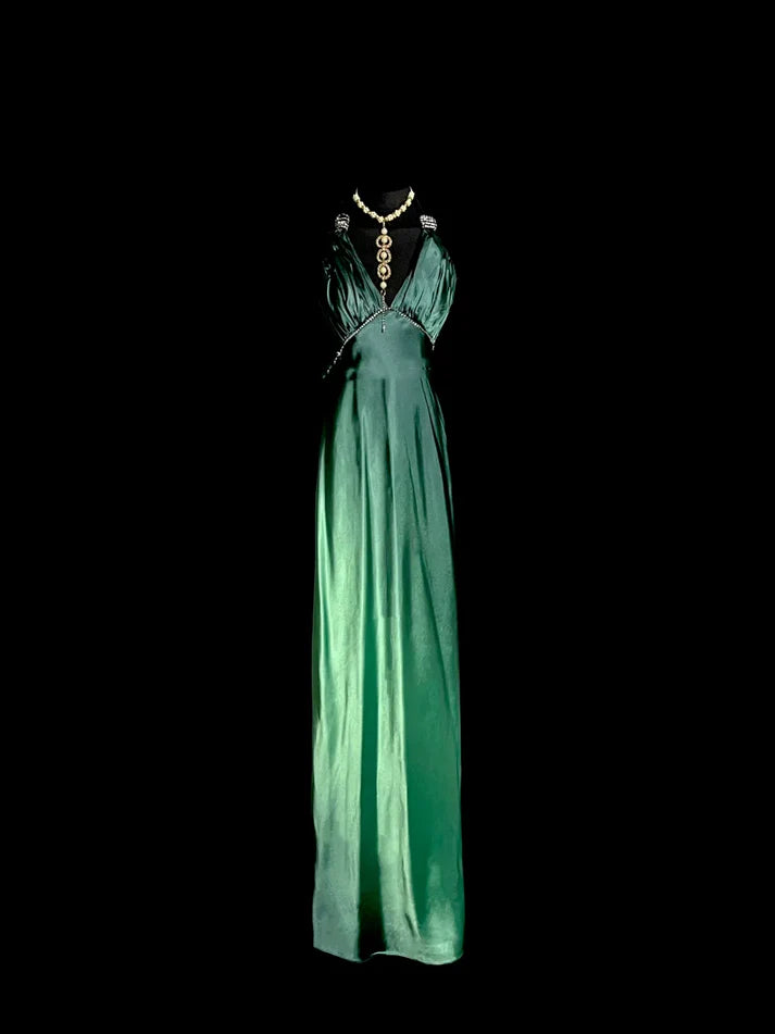 Vintage Mermaid V Neck Backless Satin Green Long Evening Dress Prom Dress
