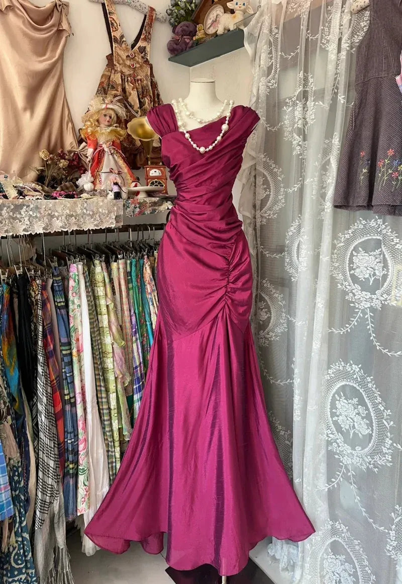Vintage Satin Long Evening Dress Magenta Square-Neck Party Gown for Women