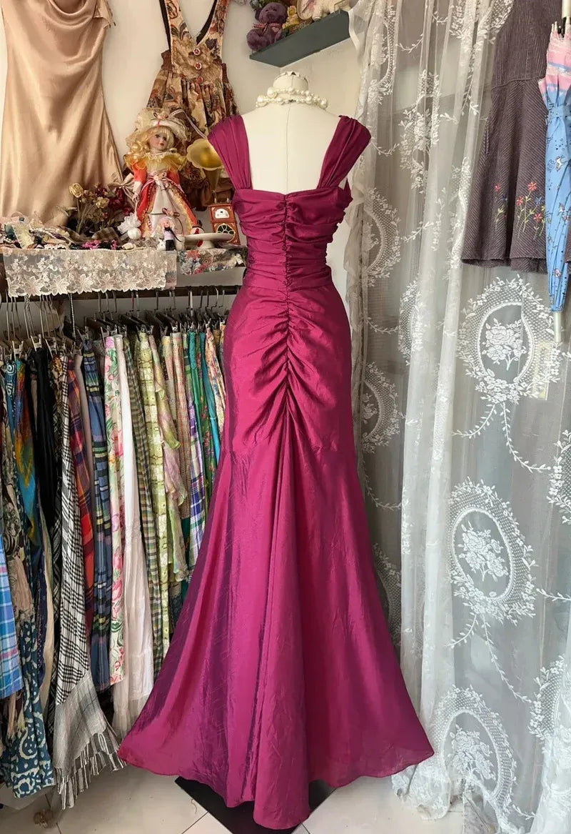 Vintage Satin Long Evening Dress Magenta Square-Neck Party Gown for Women
