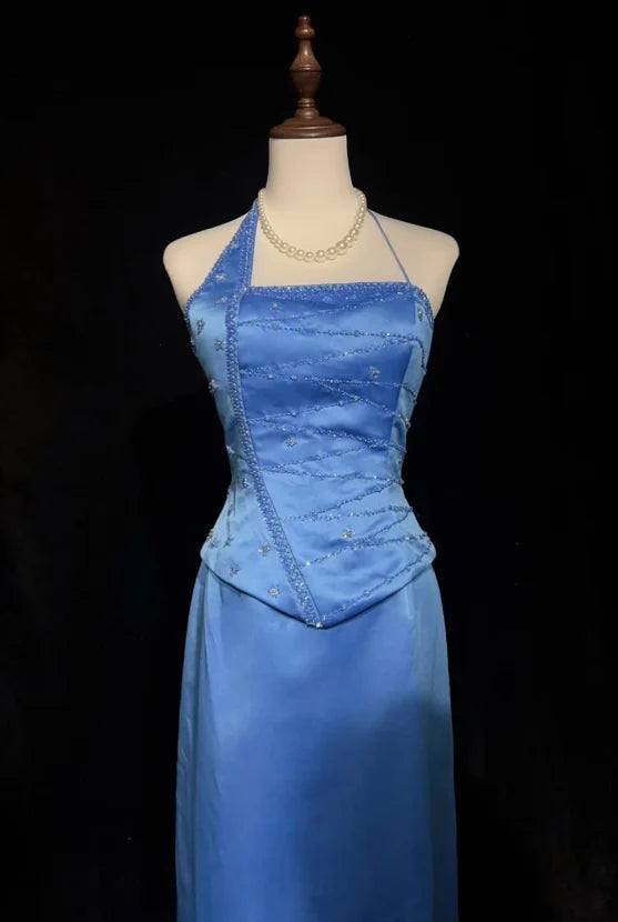 Vintage Sheath Asymmetric Neck Beaded Satin Blue Long Evening Dresses