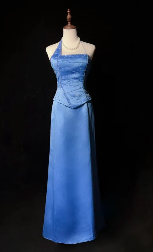 Vintage Sheath Asymmetric Neck Beaded Satin Blue Long Evening Dresses