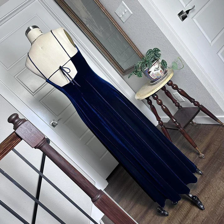 Vintage Sheath Boat Neck Beaded Velvet Dark Blue Long Party Dress