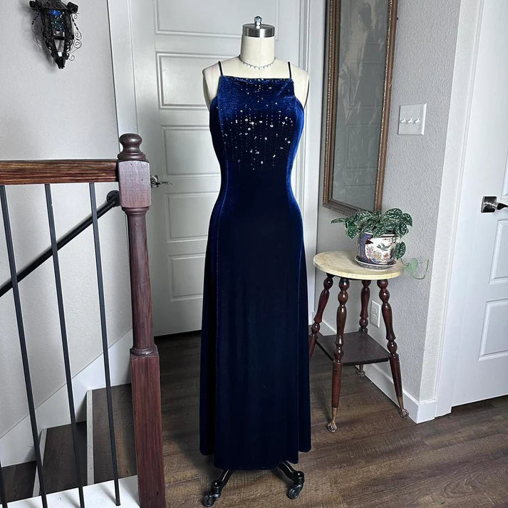 Vintage Sheath Boat Neck Beaded Velvet Dark Blue Long Party Dress