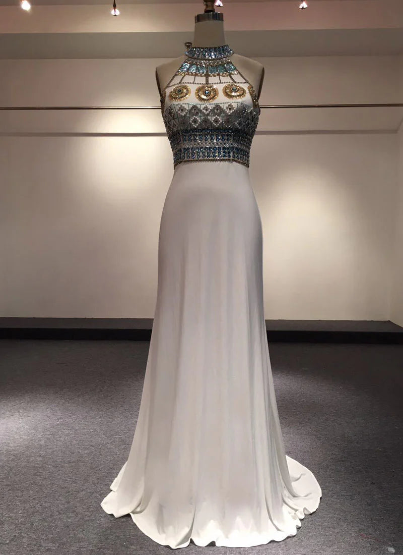 Vintage Sheath High Neck Sequin Beaded White Evening Dress Prom Dress
