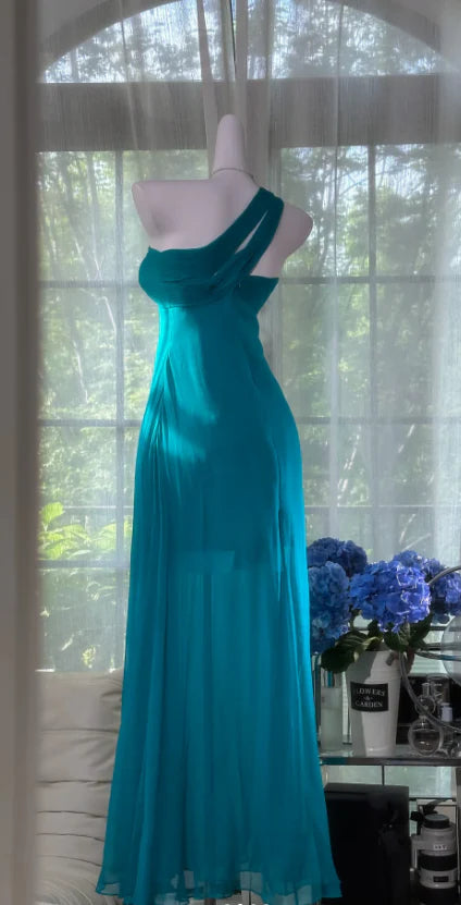 Vintage Sheath One-Shoulder Sleeveless Chiffon Turquoise Formal Evening Dress