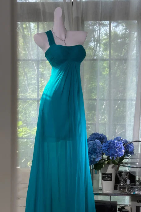 Vintage Sheath One-Shoulder Sleeveless Chiffon Turquoise Formal Evening Dress