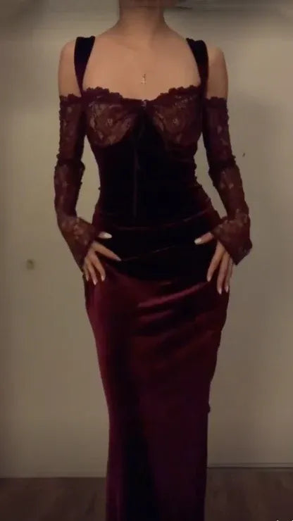 Vintage Sheath Square Neck Long Sleeve Velvet Floor-Length Prom Dress