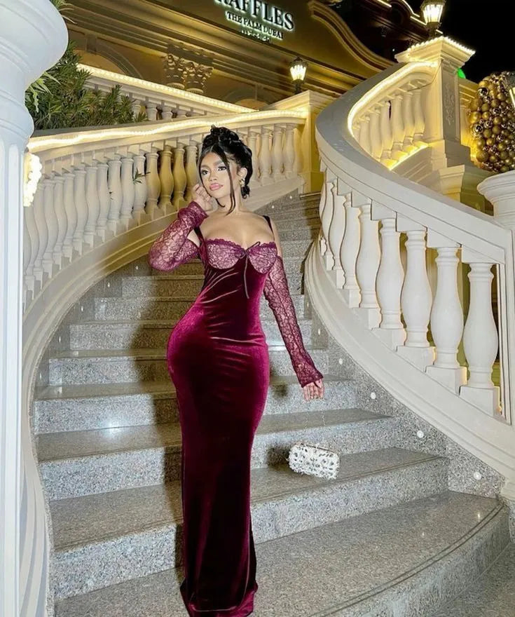 Vintage Sheath Square Neck Long Sleeve Velvet Floor-Length Prom Dress