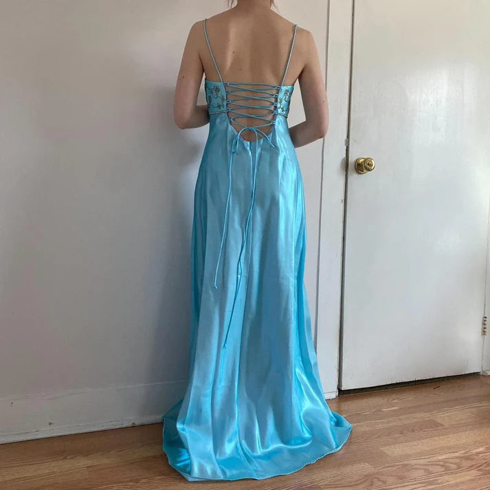 Vintage Spaghetti Straps Beaded Satin Light Blue Long Party Dress