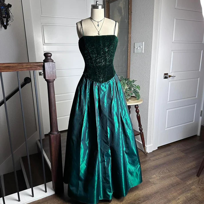 Vintage Spaghetti Straps Corset Velvet Satin Dark Green Long Party Dress