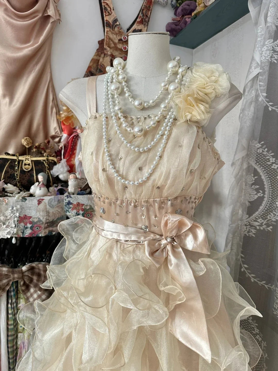 Vintage Spaghetti Straps Ruffle Beaded Champagne Prom Dress Evening Dress