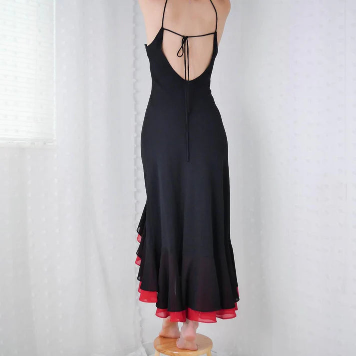 Vintage Spaghetti Straps Ruffled Chiffon Tulle Black And Red Long Party Dress