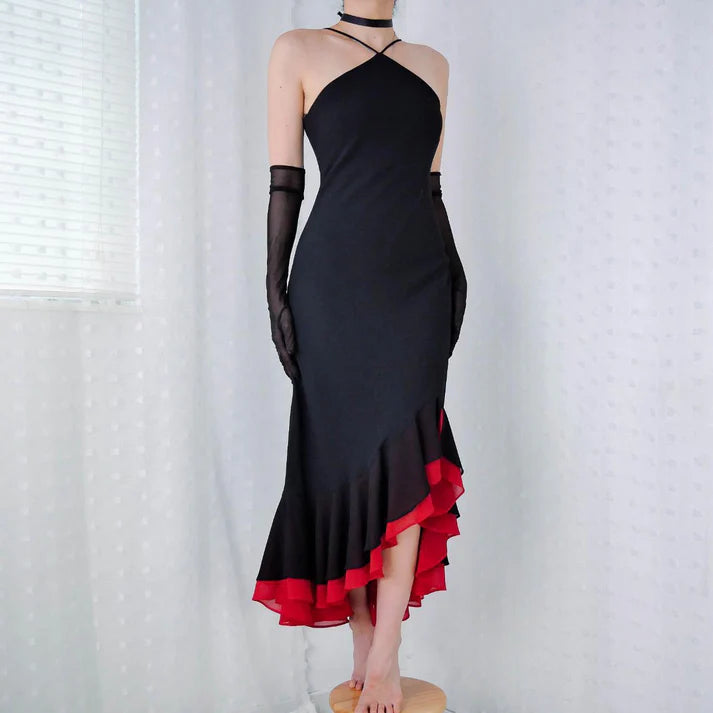 Vintage Spaghetti Straps Ruffled Chiffon Tulle Black And Red Long Party Dress